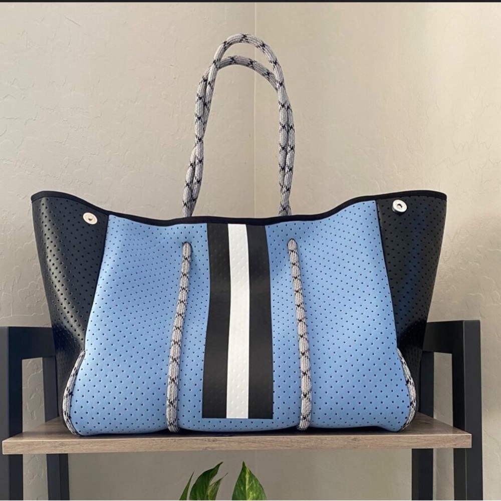 Neoprene Tote  with Pouch Sky  Blue With  Black White Stipes